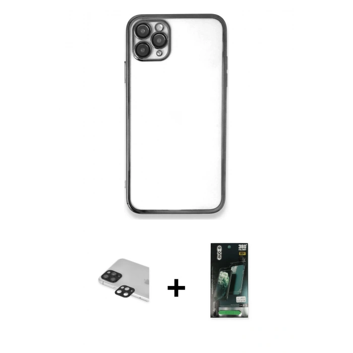 MARSİLYAN™- iPhone 11 Pro Max Kılıf Vadi Minimal - Siyah 360 Mat Full Body Arka Koruyucu + Pers Alüminyum Kamera Lens - SH