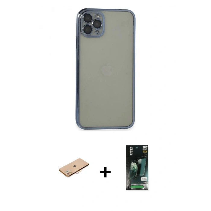 MARSİLYAN™- iPhone 11 Pro Max Kılıf Vadi Minimal - Siyah 360 Mat Full Body Arka Koruyucu + Turuncu Renkli Kamera Lens Koruma Cam