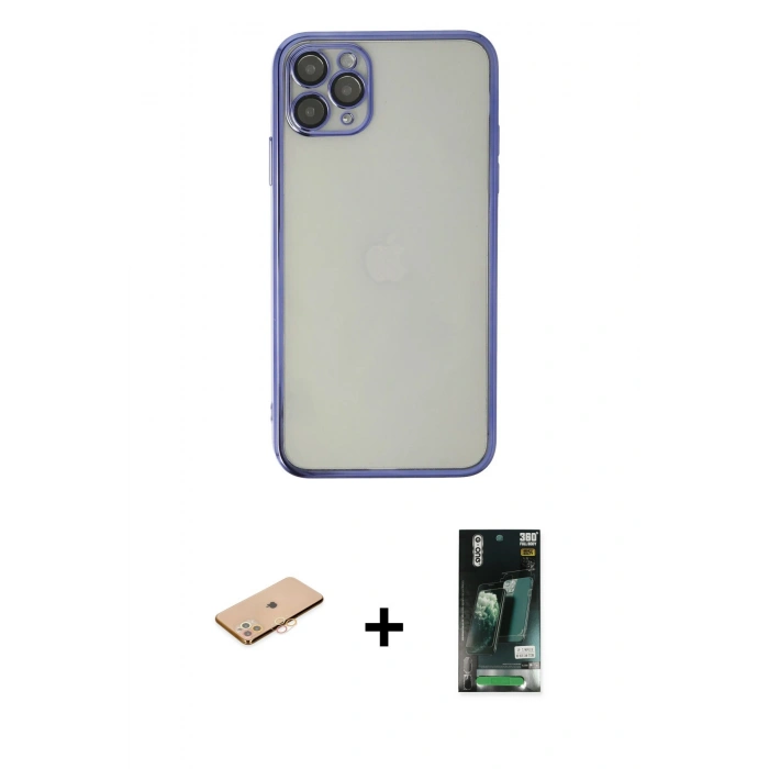 MARSİLYAN™- iPhone 11 Pro Max Kılıf Vadi Minimal - Siyah 360 Mat Full Body Arka Koruyucu + Turuncu Renkli Kamera Lens Koruma Cam
