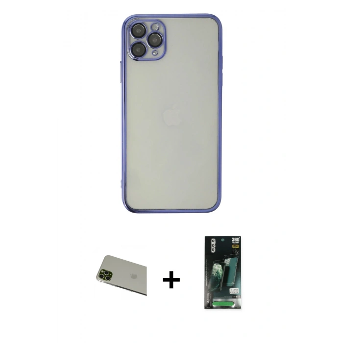 MARSİLYAN™- iPhone 11 Pro Max Kılıf Vadi Minimal - Siyah 360 Mat Full Body Arka Koruyucu + Yeşil Rainbow Kamera Lens Koruma Cam