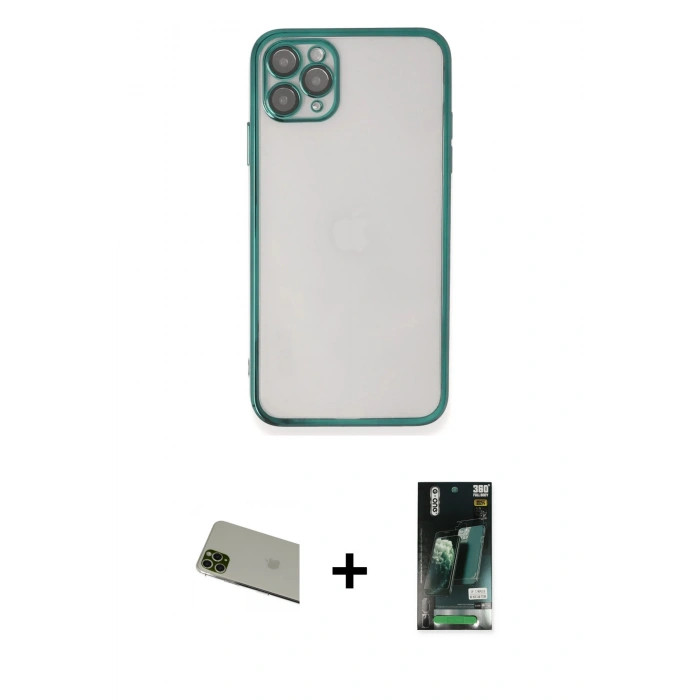 MARSİLYAN™- iPhone 11 Pro Max Kılıf Vadi Minimal - Siyah 360 Mat Full Body Arka Koruyucu + Yeşil Rainbow Kamera Lens Koruma Cam