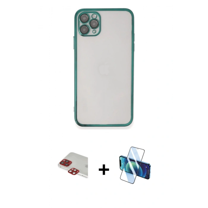 MARSİLYAN™- iPhone 11 Pro Max Kılıf Vadi Minimal - Siyah 3D Antistatik Cam Ekran Koruyucu + Kırmızı Pers Alüminyum Kamera Lens