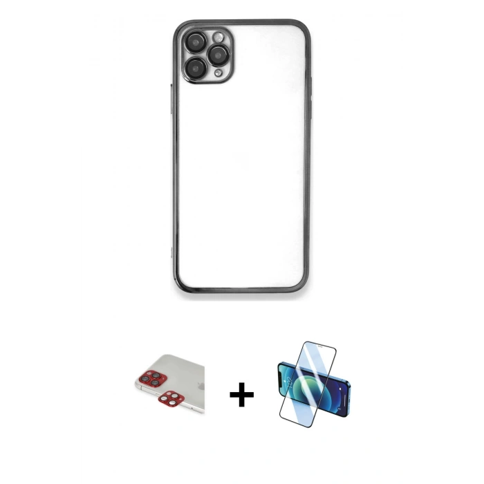 MARSİLYAN™- iPhone 11 Pro Max Kılıf Vadi Minimal - Siyah 3D Antistatik Cam Ekran Koruyucu + Kırmızı Pers Alüminyum Kamera Lens