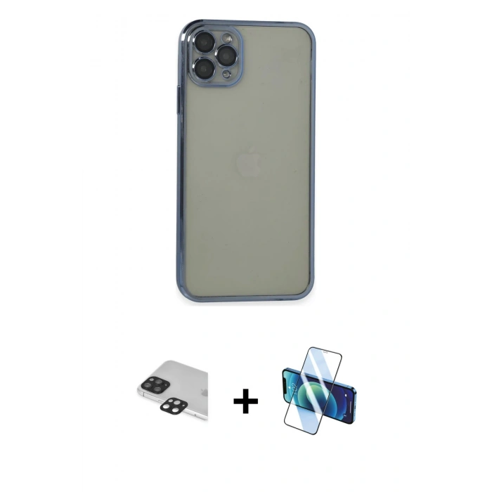 MARSİLYAN™- iPhone 11 Pro Max Kılıf Vadi Minimal - Siyah 3D Antistatik Cam Ekran Koruyucu + Pers Alüminyum Kamera Lens - SH