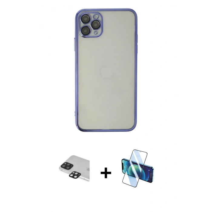 MARSİLYAN™- iPhone 11 Pro Max Kılıf Vadi Minimal - Siyah 3D Antistatik Cam Ekran Koruyucu + Pers Alüminyum Kamera Lens - SH