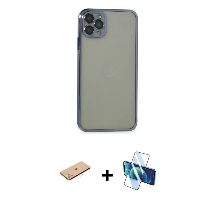MARSİLYAN™- iPhone 11 Pro Max Kılıf Vadi Minimal - Siyah 3D Antistatik Cam Ekran Koruyucu + Renkli Kamera Lens Koruma Cam - PE