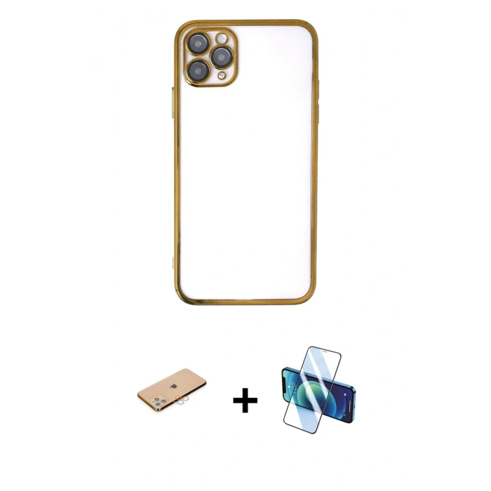 MARSİLYAN™- iPhone 11 Pro Max Kılıf Vadi Minimal - Siyah 3D Antistatik Cam Ekran Koruyucu + Renkli Kamera Lens Koruma Cam - PE