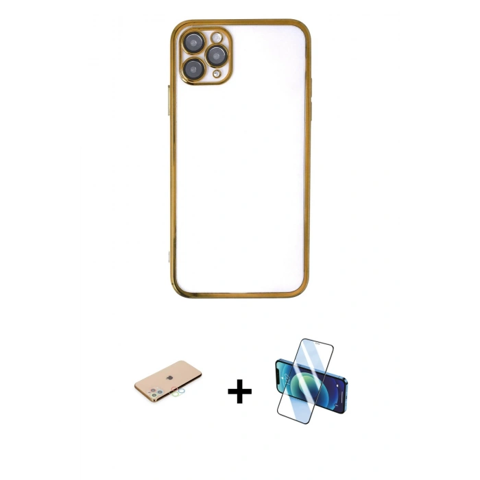 MARSİLYAN™- iPhone 11 Pro Max Kılıf Vadi Minimal - Siyah 3D Antistatik Cam Ekran Koruyucu + Renkli Kamera Lens Koruma Cam - MI