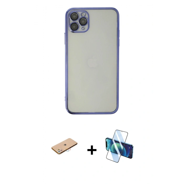 MARSİLYAN™- iPhone 11 Pro Max Kılıf Vadi Minimal - Siyah 3D Antistatik Cam Ekran Koruyucu + Renkli Kamera Lens Koruma Cam - PE