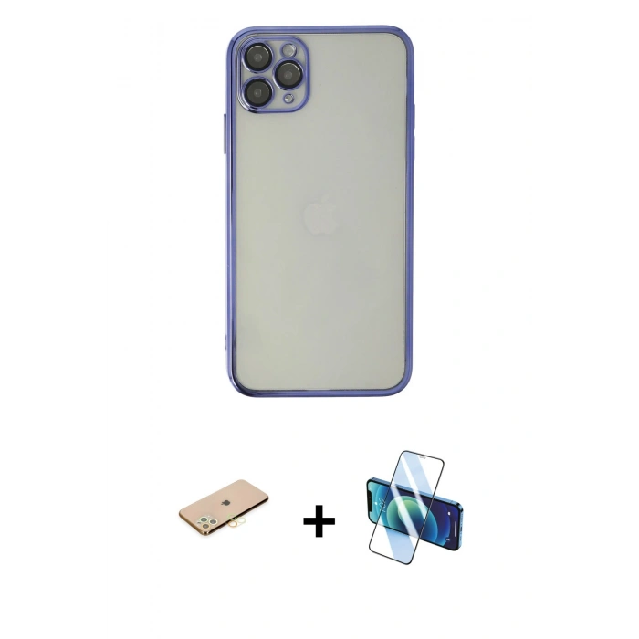 MARSİLYAN™- iPhone 11 Pro Max Kılıf Vadi Minimal - Siyah 3D Antistatik Cam Ekran Koruyucu + Renkli Kamera Lens Koruma Cam - SI
