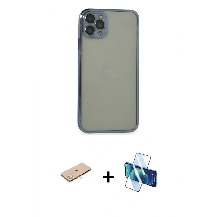 MARSİLYAN™- iPhone 11 Pro Max Kılıf Vadi Minimal - Siyah 3D Antistatik Cam Ekran Koruyucu + Renkli Kamera Lens Koruma Cam - SI