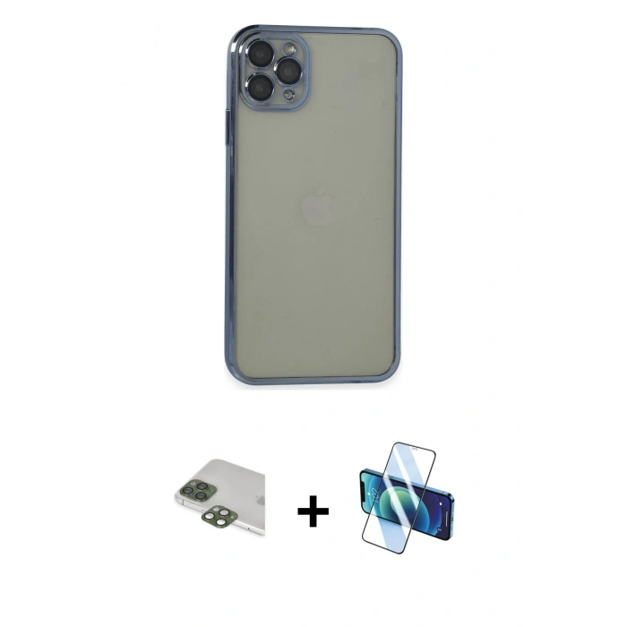 MARSİLYAN™- iPhone 11 Pro Max Kılıf Vadi Minimal - Siyah 3D Antistatik Cam Ekran Koruyucu + Pers Alüminyum Kamera Lens - YL