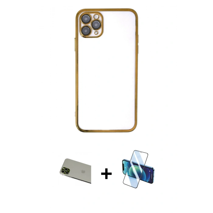 MARSİLYAN™- iPhone 11 Pro Max Kılıf Vadi Minimal - Siyah 3D Antistatik Cam Ekran Koruyucu + Yeşil Rainbow Kamera Lens Koruma Cam