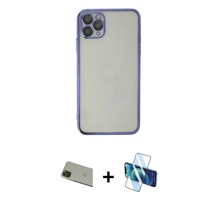 MARSİLYAN™- iPhone 11 Pro Max Kılıf Vadi Minimal - Siyah 3D Antistatik Cam Ekran Koruyucu + Yeşil Rainbow Kamera Lens Koruma Cam