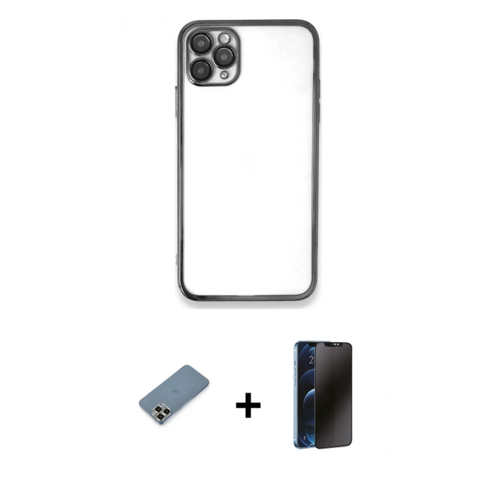 MARSİLYAN™- iPhone 11 Pro Max Kılıf Vadi Minimal - Siyah 3D Antistatik Hayalet Cam Ekran Koruyucu + Metal Kamera Lens Koruma Cam - GD