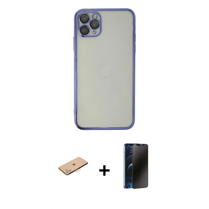 MARSİLYAN™- iPhone 11 Pro Max Kılıf Vadi Minimal - Siyah 3D Antistatik Hayalet Cam Ekran Koruyucu + Renkli Kamera Lens Koruma Cam - PE