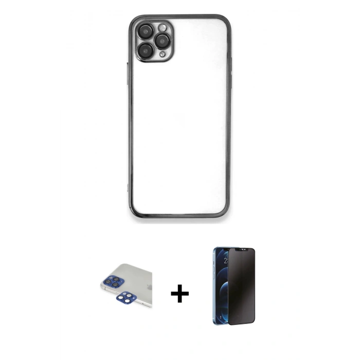 MARSİLYAN™- iPhone 11 Pro Max Kılıf Vadi Minimal - Siyah 3D Antistatik Hayalet Cam Ekran Koruyucu + Pers Alüminyum Kamera Lens - LT