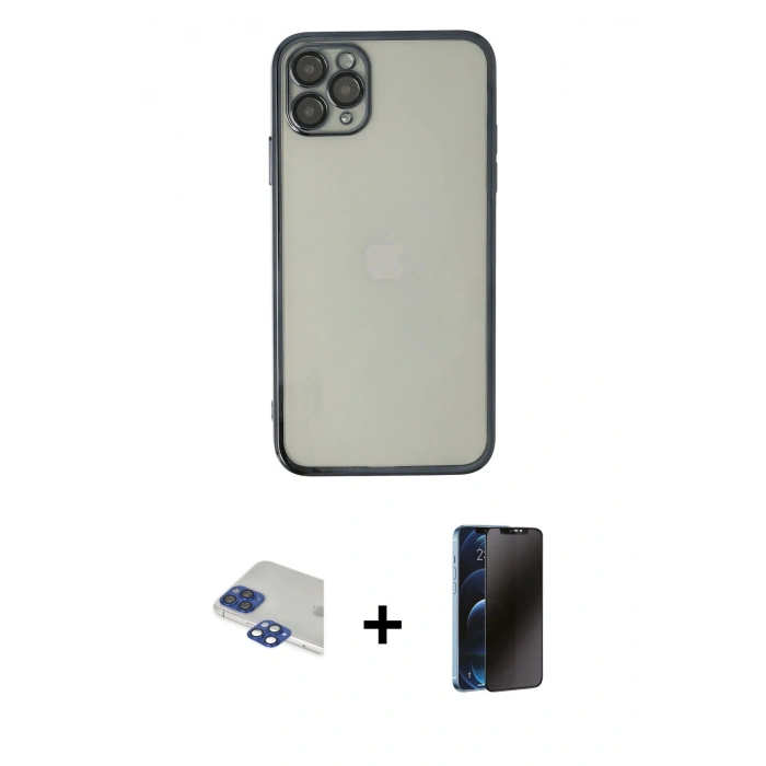 MARSİLYAN™- iPhone 11 Pro Max Kılıf Vadi Minimal - Siyah 3D Antistatik Hayalet Cam Ekran Koruyucu + Pers Alüminyum Kamera Lens - LT