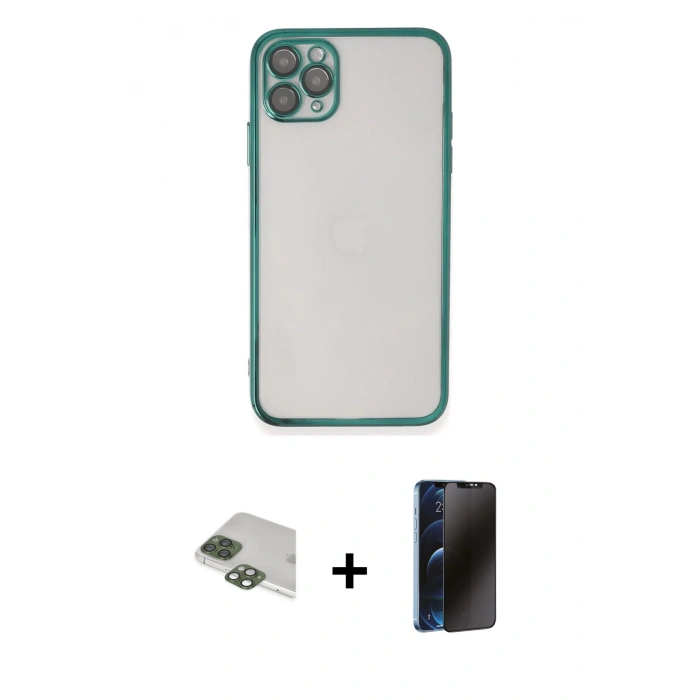 MARSİLYAN™- iPhone 11 Pro Max Kılıf Vadi Minimal - Siyah 3D Antistatik Hayalet Cam Ekran Koruyucu + Pers Alüminyum Kamera Lens - YL
