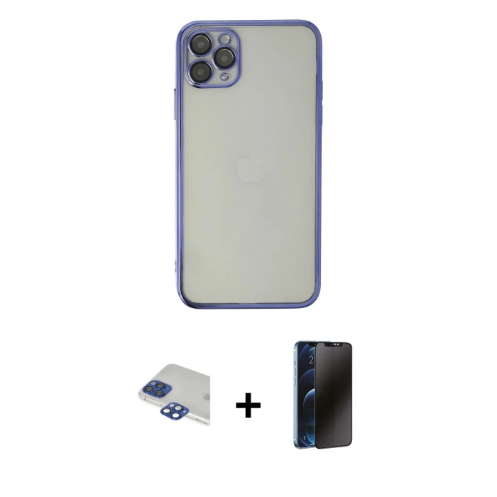 MARSİLYAN™- iPhone 11 Pro Max Kılıf Vadi Minimal - Siyah 3D Antistatik Hayalet Cam Ekran Koruyucu + Pers Alüminyum Kamera Lens - LT