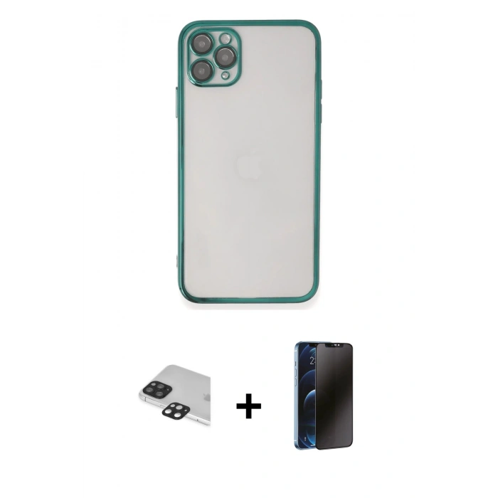 MARSİLYAN™- iPhone 11 Pro Max Kılıf Vadi Minimal - Siyah 3D Antistatik Hayalet Cam Ekran Koruyucu + Pers Alüminyum Kamera Lens - SH