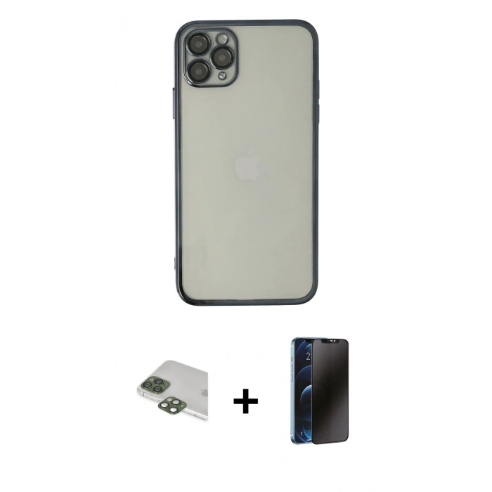 MARSİLYAN™- iPhone 11 Pro Max Kılıf Vadi Minimal - Siyah 3D Antistatik Hayalet Cam Ekran Koruyucu + Pers Alüminyum Kamera Lens - YL