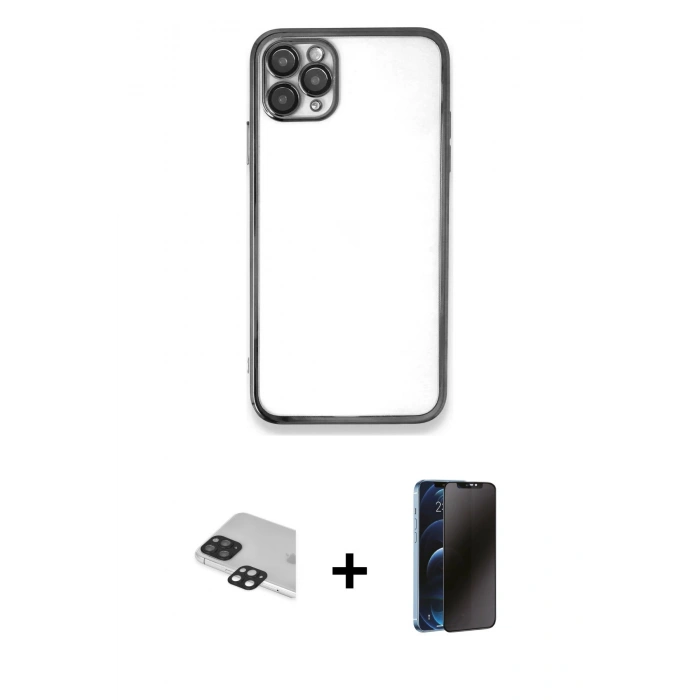 MARSİLYAN™- iPhone 11 Pro Max Kılıf Vadi Minimal - Siyah 3D Antistatik Hayalet Cam Ekran Koruyucu + Pers Alüminyum Kamera Lens - SH