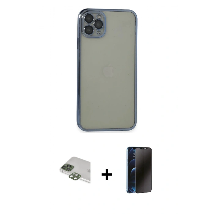 MARSİLYAN™- iPhone 11 Pro Max Kılıf Vadi Minimal - Siyah 3D Antistatik Hayalet Cam Ekran Koruyucu + Pers Alüminyum Kamera Lens - YL