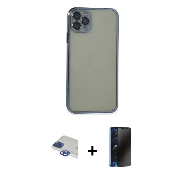 MARSİLYAN™- iPhone 11 Pro Max Kılıf Vadi Minimal - Siyah 3D Antistatik Hayalet Cam Ekran Koruyucu + Pers Alüminyum Kamera Lens - LT