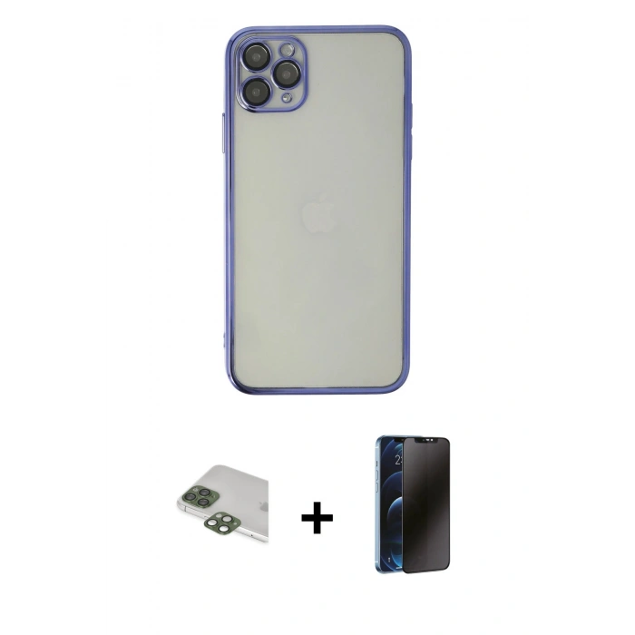 MARSİLYAN™- iPhone 11 Pro Max Kılıf Vadi Minimal - Siyah 3D Antistatik Hayalet Cam Ekran Koruyucu + Pers Alüminyum Kamera Lens - YL