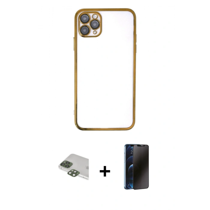 MARSİLYAN™- iPhone 11 Pro Max Kılıf Vadi Minimal - Siyah 3D Antistatik Hayalet Cam Ekran Koruyucu + Pers Alüminyum Kamera Lens - YL