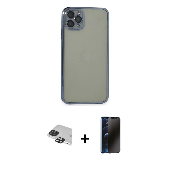 MARSİLYAN™- iPhone 11 Pro Max Kılıf Vadi Minimal - Siyah 3D Antistatik Hayalet Cam Ekran Koruyucu + Pers Alüminyum Kamera Lens - SH