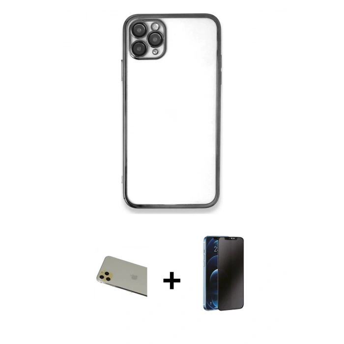 MARSİLYAN™- iPhone 11 Pro Max Kılıf Vadi Minimal - Siyah 3D Antistatik Hayalet Cam Ekran Koruyucu + Rainbow Kamera Lens Koruma Cam - GD
