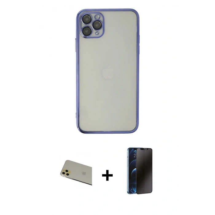 MARSİLYAN™- iPhone 11 Pro Max Kılıf Vadi Minimal - Siyah 3D Antistatik Hayalet Cam Ekran Koruyucu + Rainbow Kamera Lens Koruma Cam - GD