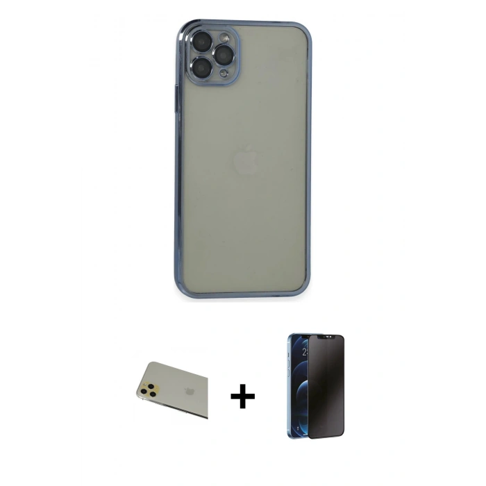MARSİLYAN™- iPhone 11 Pro Max Kılıf Vadi Minimal - Siyah 3D Antistatik Hayalet Cam Ekran Koruyucu + Rainbow Kamera Lens Koruma Cam - GD
