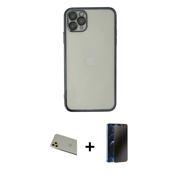 MARSİLYAN™- iPhone 11 Pro Max Kılıf Vadi Minimal - Siyah 3D Antistatik Hayalet Cam Ekran Koruyucu + Rainbow Kamera Lens Koruma Cam - GD