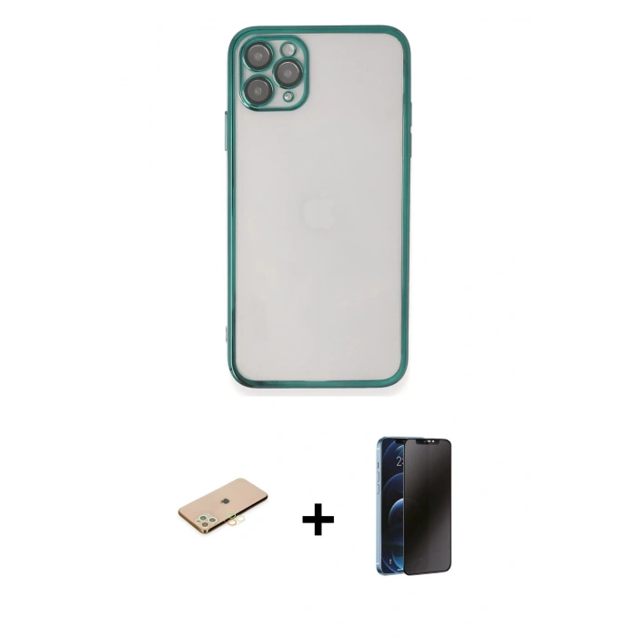 MARSİLYAN™- iPhone 11 Pro Max Kılıf Vadi Minimal - Siyah 3D Antistatik Hayalet Cam Ekran Koruyucu + Renkli Kamera Lens Koruma Cam - SI