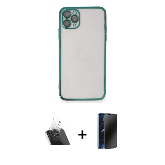 MARSİLYAN™- iPhone 11 Pro Max Kılıf Vadi Minimal - Siyah 3D Antistatik Hayalet Cam Ekran Koruyucu + Şeffaf Kamera Lens Koruma Cam