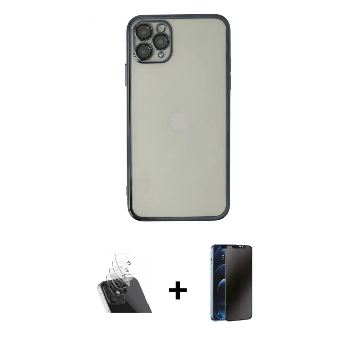 MARSİLYAN™- iPhone 11 Pro Max Kılıf Vadi Minimal - Siyah 3D Antistatik Hayalet Cam Ekran Koruyucu + Şeffaf Kamera Lens Koruma Cam