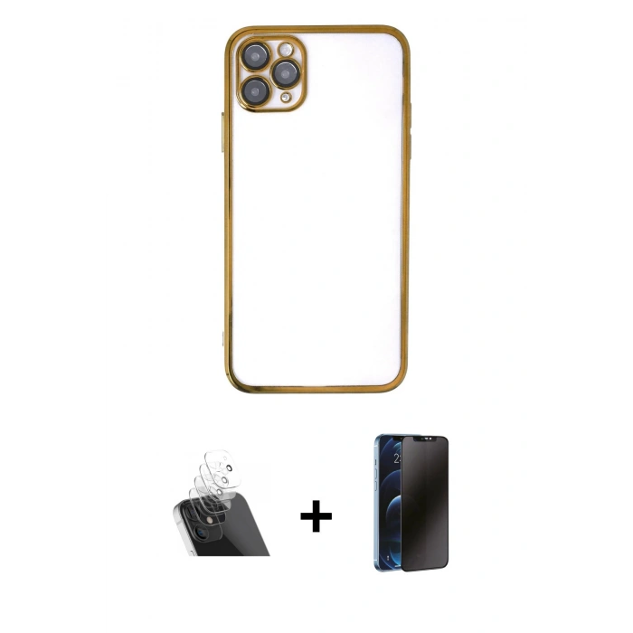 MARSİLYAN™- iPhone 11 Pro Max Kılıf Vadi Minimal - Siyah 3D Antistatik Hayalet Cam Ekran Koruyucu + Şeffaf Kamera Lens Koruma Cam