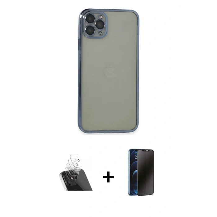 MARSİLYAN™- iPhone 11 Pro Max Kılıf Vadi Minimal - Siyah 3D Antistatik Hayalet Cam Ekran Koruyucu + Şeffaf Kamera Lens Koruma Cam