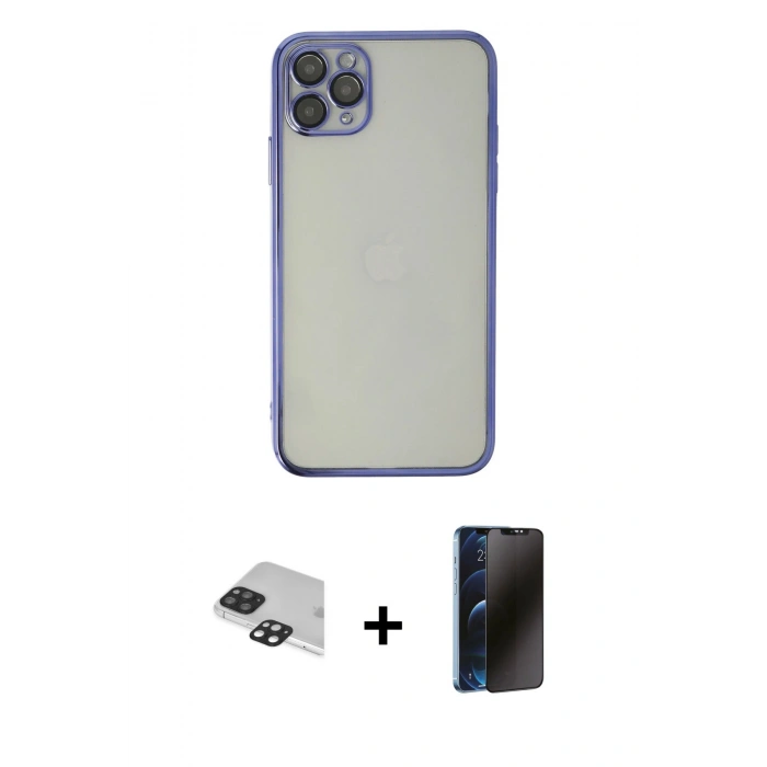 MARSİLYAN™- iPhone 11 Pro Max Kılıf Vadi Minimal - Siyah 3D Antistatik Hayalet Cam Ekran Koruyucu + Pers Alüminyum Kamera Lens - SH
