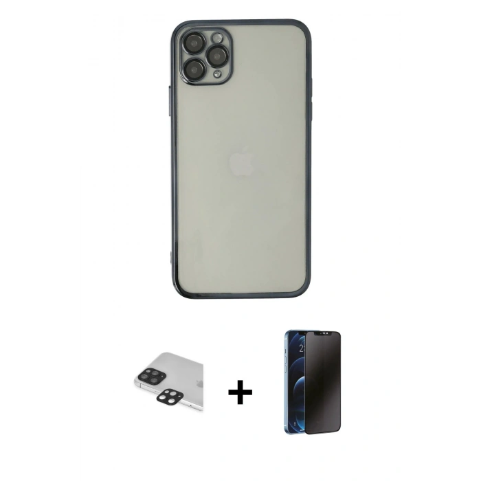 MARSİLYAN™- iPhone 11 Pro Max Kılıf Vadi Minimal - Siyah 3D Antistatik Hayalet Cam Ekran Koruyucu + Pers Alüminyum Kamera Lens - SH