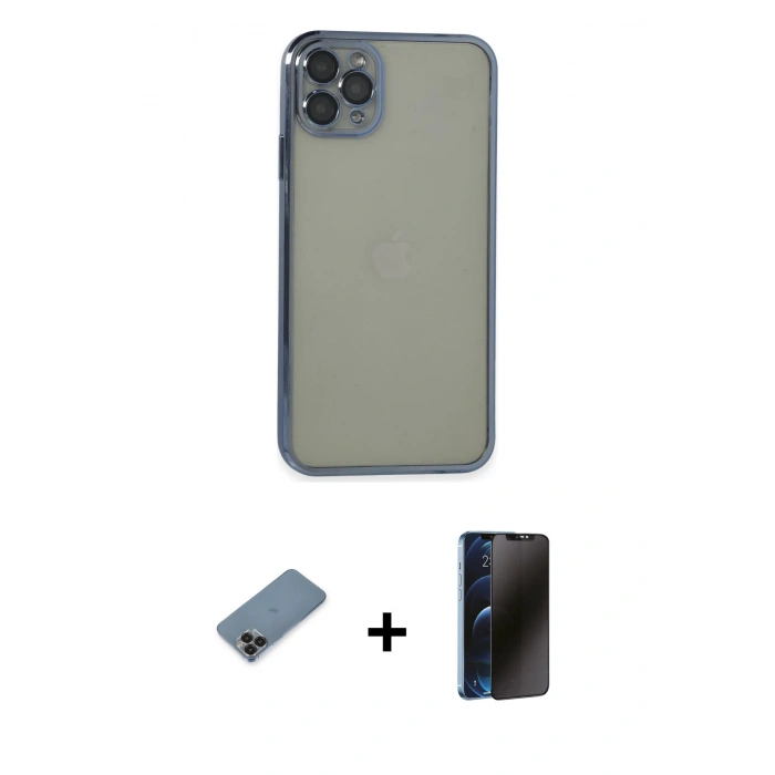 MARSİLYAN™- iPhone 11 Pro Max Kılıf Vadi Minimal - Siyah 3D Antistatik Hayalet Cam Ekran Koruyucu + Metal Kamera Lens Koruma Cam - SH