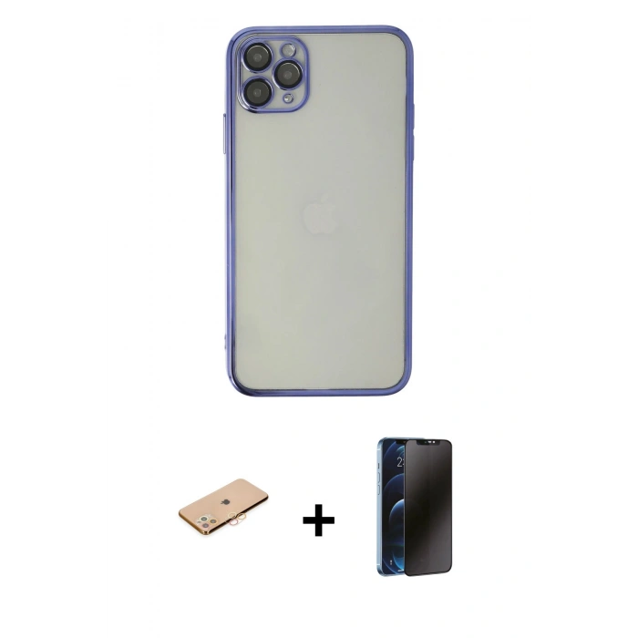 MARSİLYAN™- iPhone 11 Pro Max Kılıf Vadi Minimal - Siyah 3D Antistatik Hayalet Cam Ekran Koruyucu + Renkli Kamera Lens Koruma Cam - TU