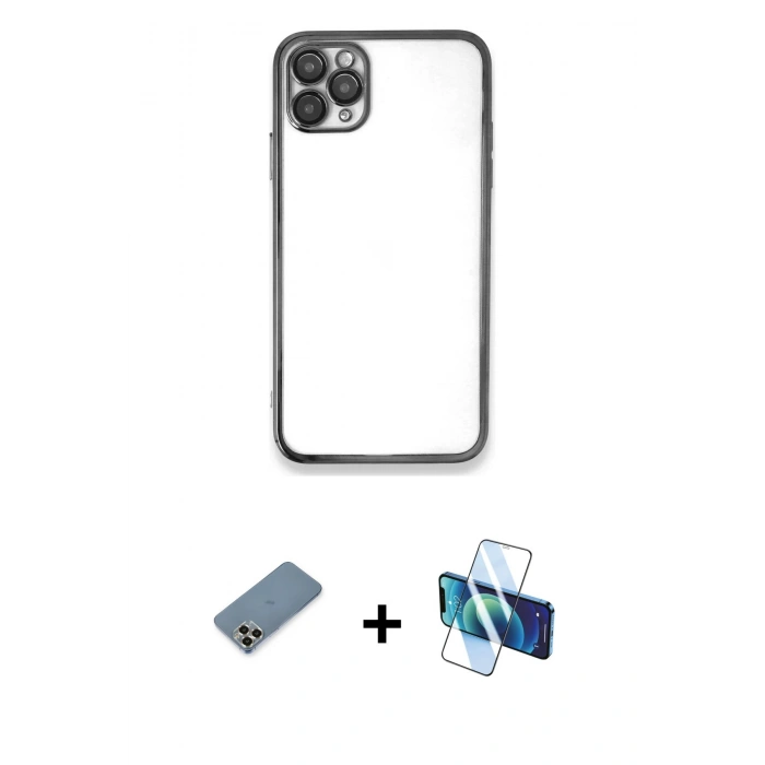 MARSİLYAN™- iPhone 11 Pro Max Kılıf Vadi Minimal - Siyah 3D Antistatik Seramik Nano Ekran Koruyucu + Metal Kamera Lens Koruma Cam - GD