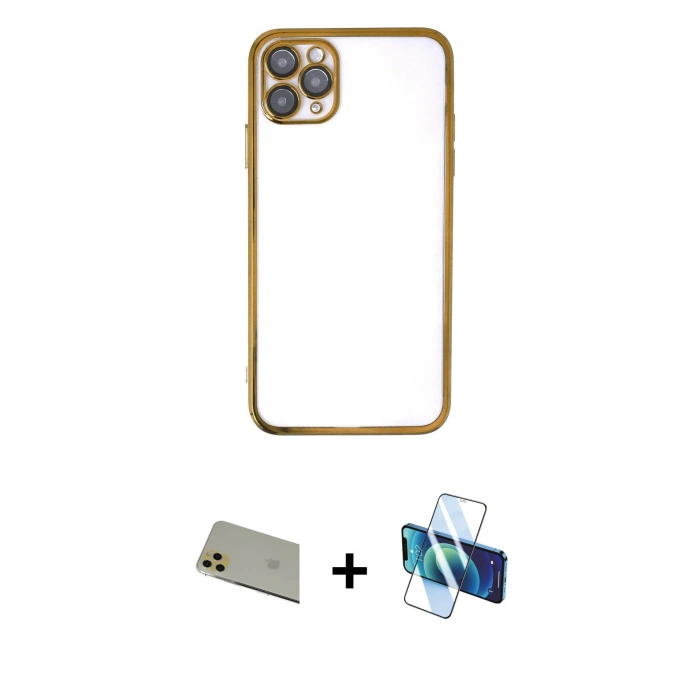 MARSİLYAN™- iPhone 11 Pro Max Kılıf Vadi Minimal - Siyah 3D Antistatik Seramik Nano Ekran Koruyucu + Rainbow Kamera Lens Koruma Cam - GD