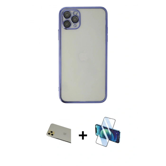 MARSİLYAN™- iPhone 11 Pro Max Kılıf Vadi Minimal - Siyah 3D Antistatik Seramik Nano Ekran Koruyucu + Rainbow Kamera Lens Koruma Cam - GD