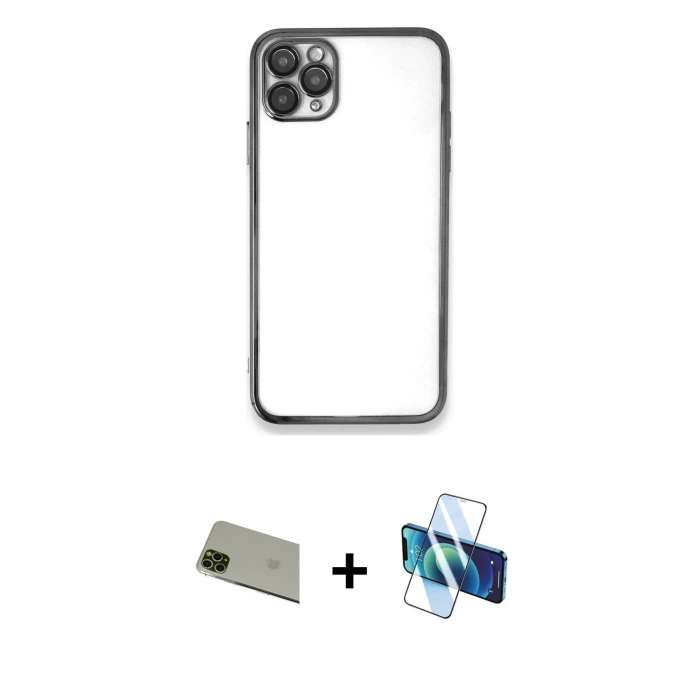 MARSİLYAN™- iPhone 11 Pro Max Kılıf Vadi Minimal - Siyah 3D Antistatik Seramik Nano Ekran Koruyucu + Rainbow Kamera Lens Koruma Cam - YL