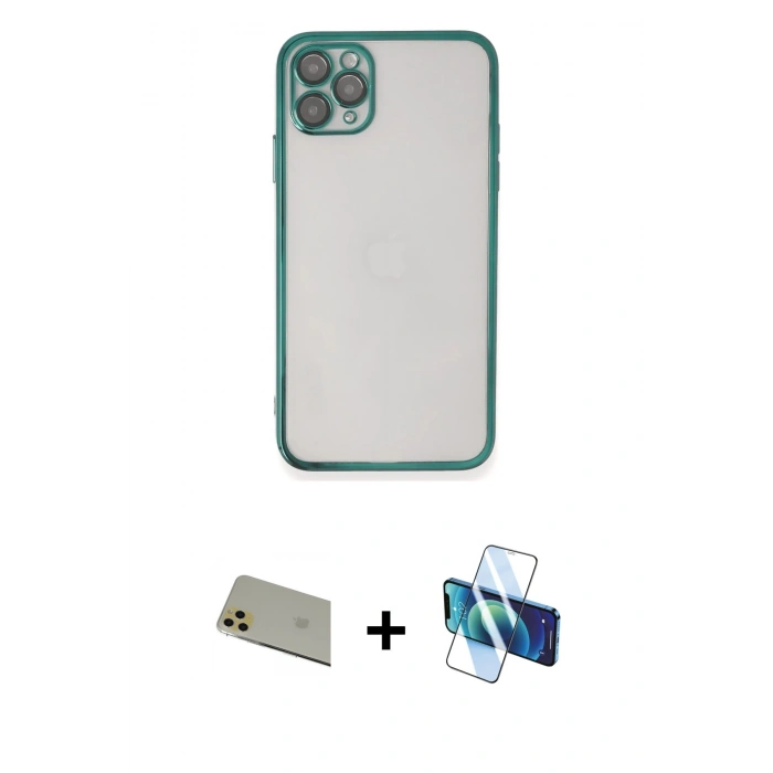 MARSİLYAN™- iPhone 11 Pro Max Kılıf Vadi Minimal - Siyah 3D Antistatik Seramik Nano Ekran Koruyucu + Rainbow Kamera Lens Koruma Cam - GD